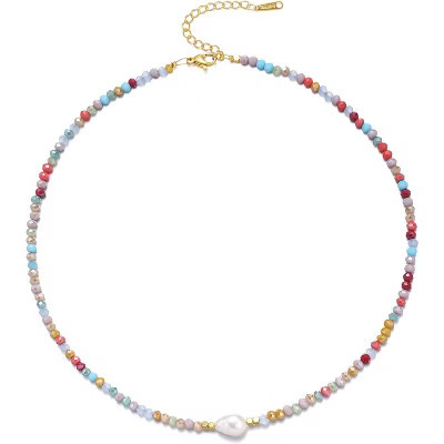 Boho Beaded Necklace - Crystal & Pearl Choker with Gold Plated Chain, Beach Summer Jewelry | Target