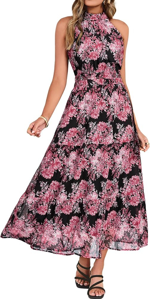 Simplee Womens Summer Halter Wedding Guest Dress Maxi Floral Vacation Boho Sundresses Flowy Forma... | Amazon (US)