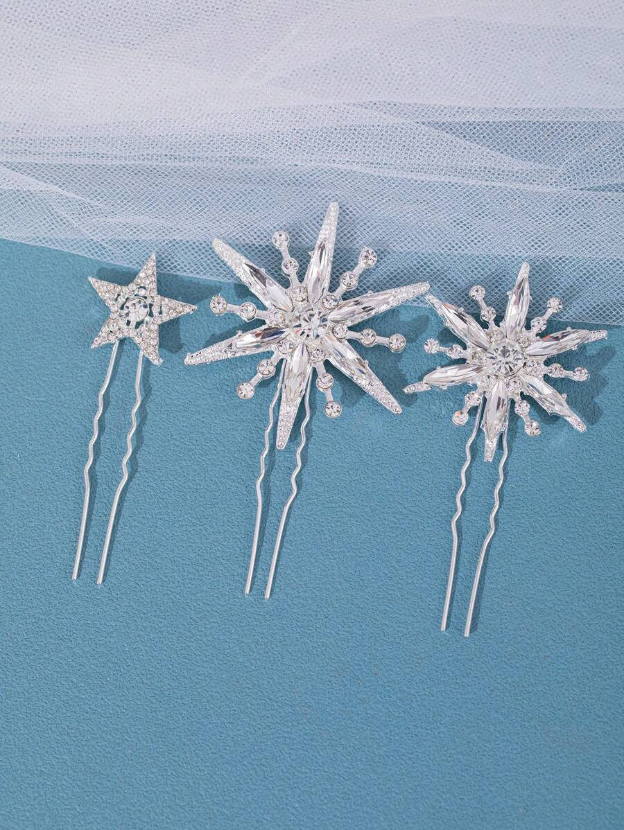 3 Peças Presilhas de Cabelo de Prata Feitas à Mão com Strass para Mulheres, Headpiece de Noiva... | SHEIN
