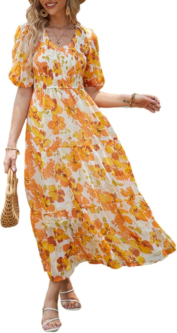 Sissyaki Women's Boho V Neck Smocked Bridesmaid Dress Semi Formal Wedding Guest Midi Dress | Amazon (US)