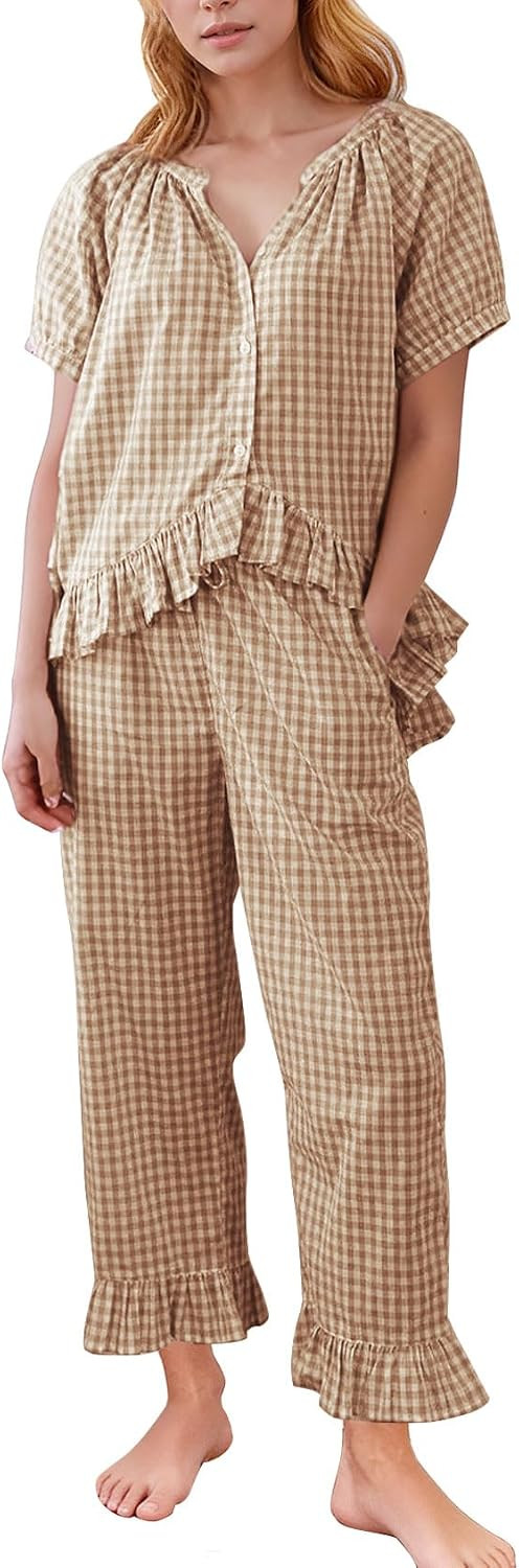 Flygo Womens Plaid 2 Piece Pajamas Sets Cotton Ruffle Lounge Sleepwear Pjs | Amazon (US)