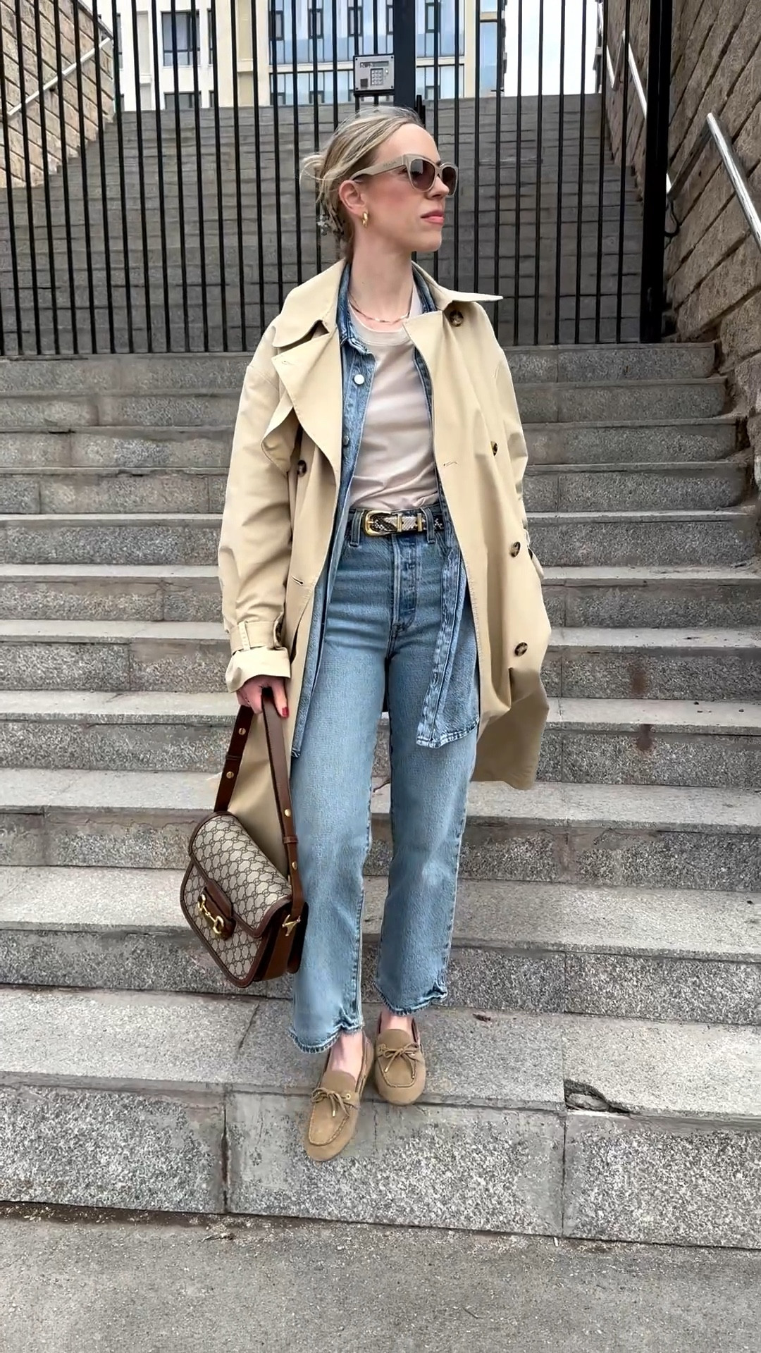 Trench coat spring outfit, denim on denim, suede loafers, snakeskin belt, @Levi's cropped jeans (30% off right now!)

#LTKSpringSale #LTKSeasonal #LTKSaleAlert
