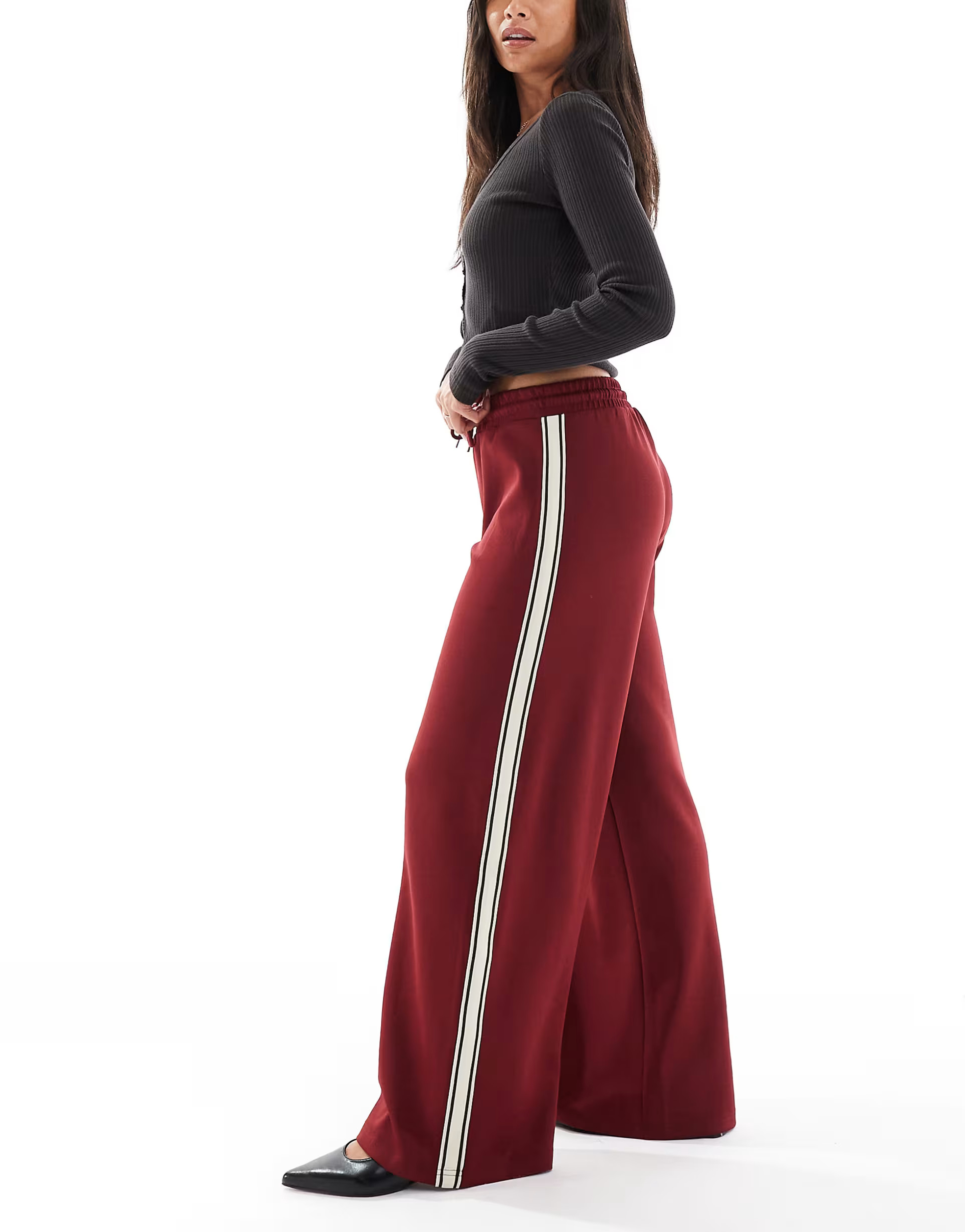 ONLY side stripe wide leg pants in burgundy | ASOS (Global)
