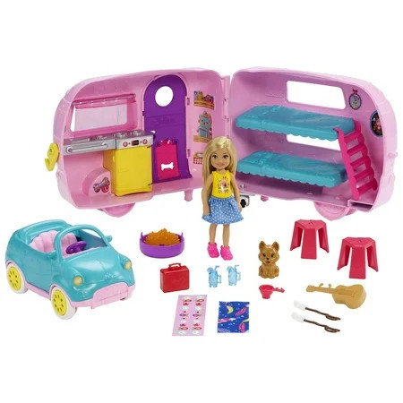 Barbie Club Chelsea Pink Camper Playset, Blonde Small Doll, Pet, Car & 10+ Accessories, Toy for 3 Years and Up | Walmart (US)