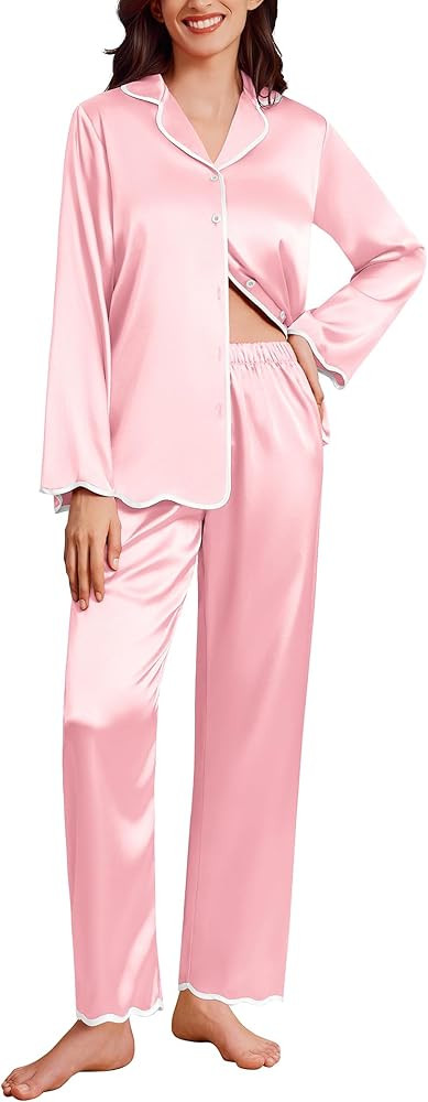 Ekouaer Satin Pajama Set Long Sleeve Button Down Pj Sets Ruffle Silk Valentine Pajamas for Women | Amazon (US)
