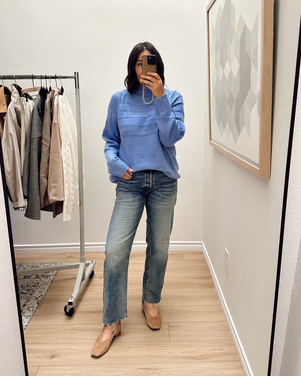 Loved this sweater and the color couldn’t be more perfect. It’s a nice periwinkle blue. I do with it were a bit thicker, but overall it’s a nice midweight for a sweater. It runs loose / generous but I wouldn’t consider it oversized. Just nice and loose fitting, not quite long enough for me to wear as a tunic.

 I’m in the large, perfectly generous fit.  

PS: I'm in the 30 of the jeans and they are on MAJOR sale! They end up being $48 from Madewell with code LETSGO 

 