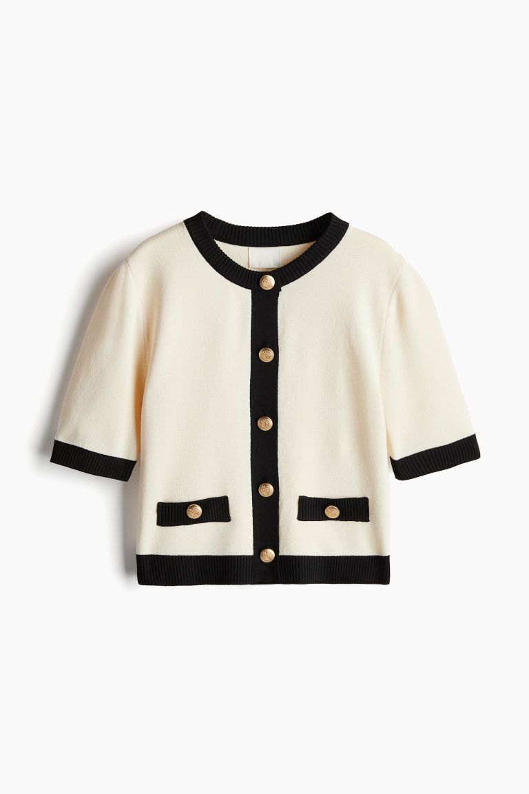 Short-sleeved cardigan - Round neck - Short sleeve - Cream/Black - Ladies | H&M GB | H&M (UK, MY, IN, SG, PH, TW, HK)