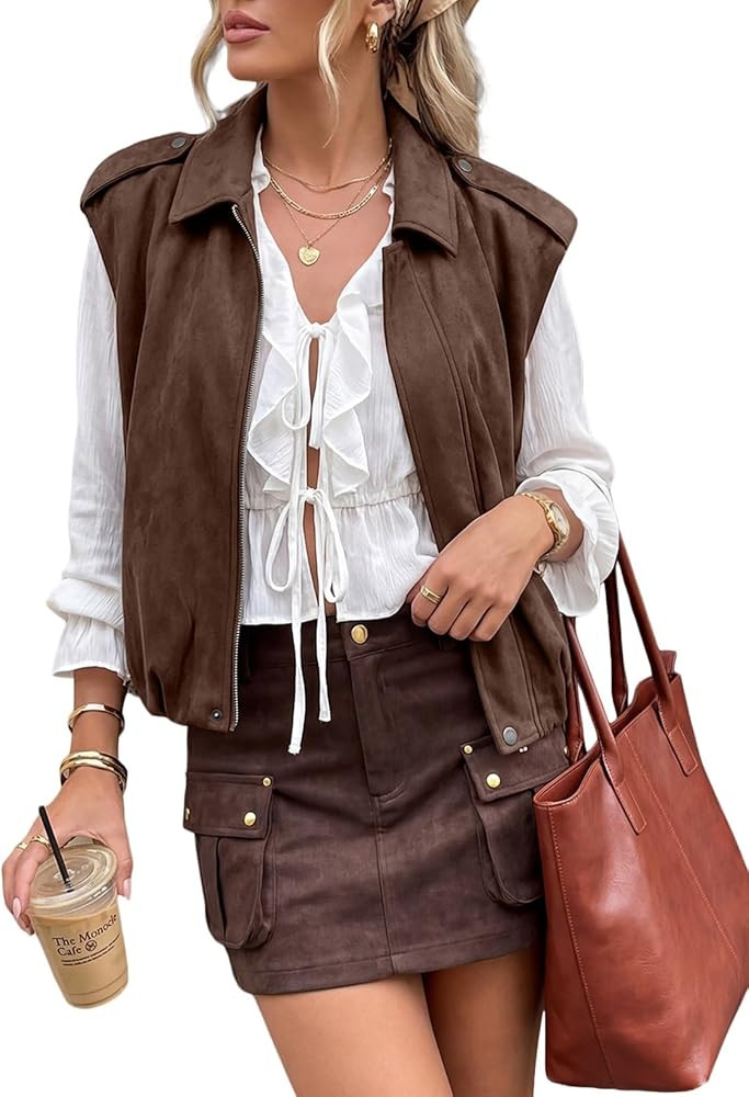 EVALESS Womens Vest Faux Suede Sleeveless Jackets Fashion Spring 2026 Y2K Cropped Jacket Trendy S... | Amazon (US)