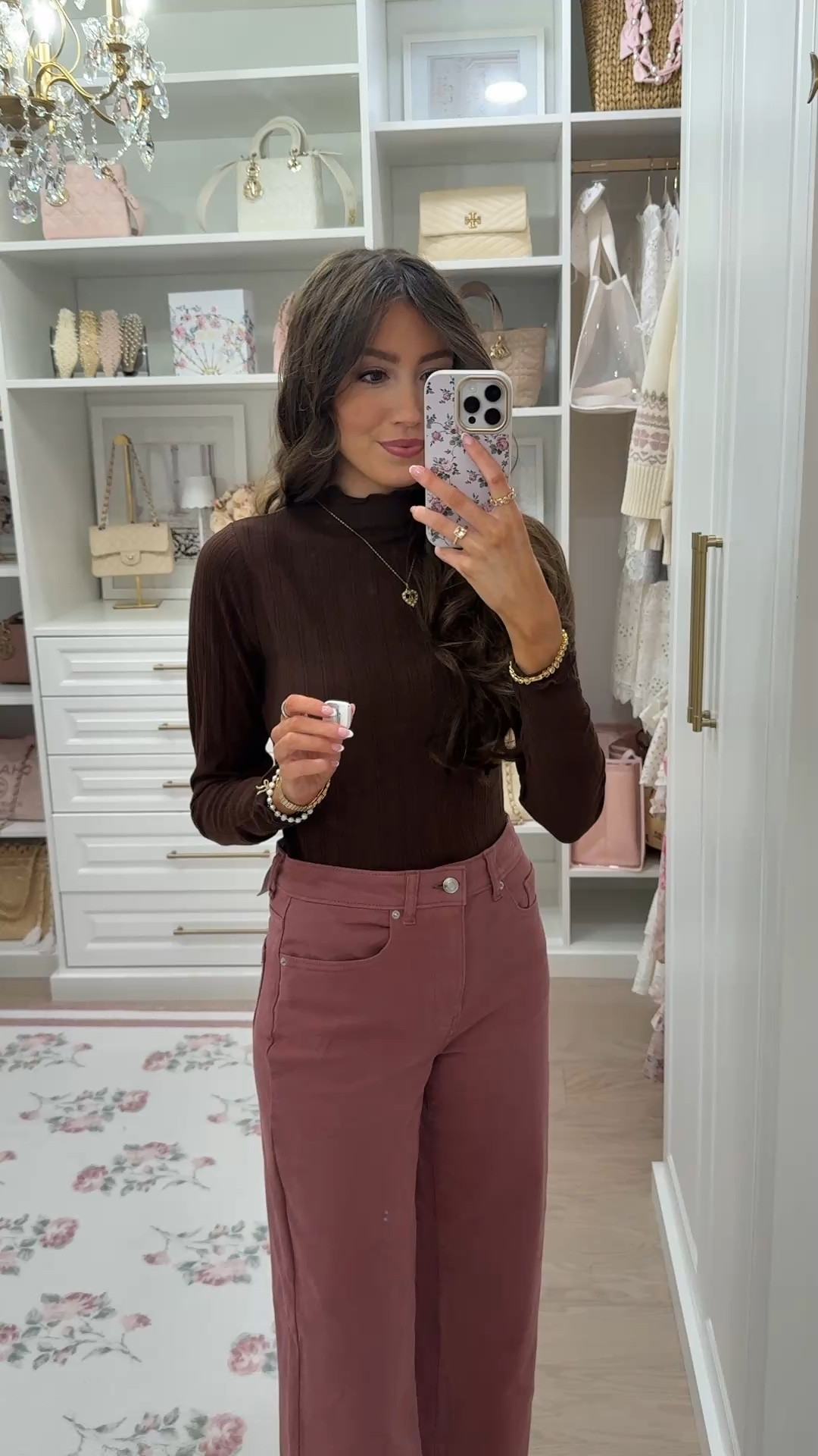 Walmart new arrival!! Love this lettuce edge top with dusty rose jeans