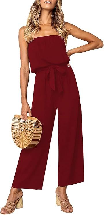 ZESICA Women's Casual Off Shoulder Solid Color Strapless Belted Wide Leg Jumpsuit Romper | Amazon (US)