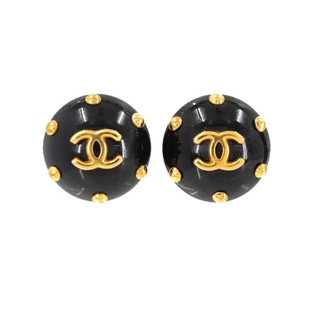 Used Chanel CHANEL round type here mark studs earrings black gold 96C vintage accessories | Walmart (US)