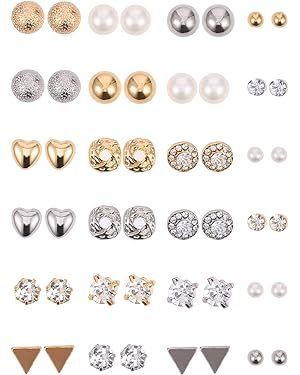 BBTO 24 Pairs Stud Earrings Crystal Pearl Earring Set Ear Stud Jewelry for Women Men | Amazon (US)