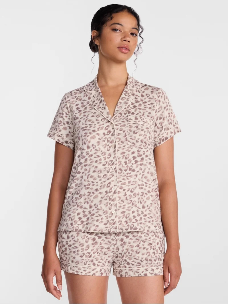 Joyspun Women\u2019s Dreamy Soft Collection Notch Collar Knit Top and Boxer Shorts, 2-Piece Pajam... | Walmart (US)
