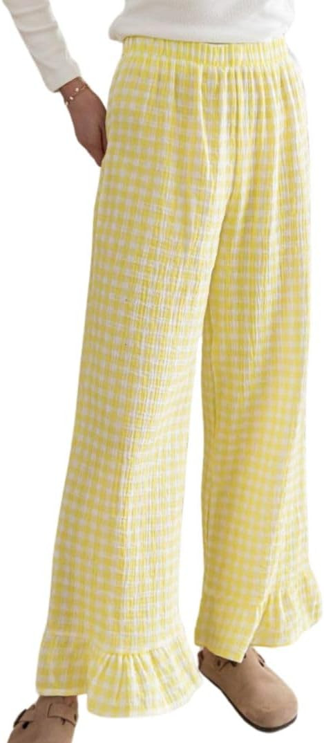 Womens Gingham Pants Wide Leg Lounge Pants Y2k Plaid Print Ruffle Hem Loose Trouser | Amazon (US)