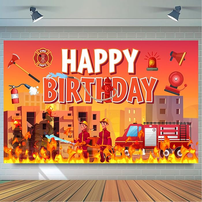 Generic Fire Truck Birthday Backdrop, 70.8''x43.3'', Red Fireman Party Backdrop with Firetruck Th... | Amazon (US)