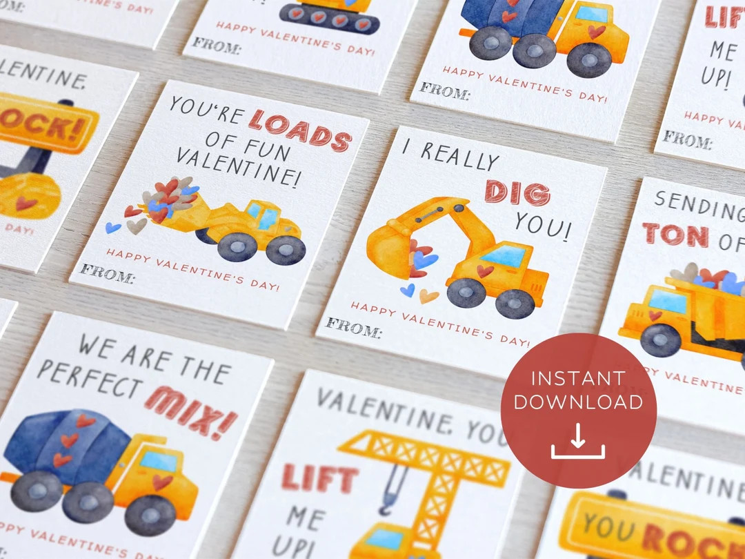 Construction Valentine's Day Cards, Kids Classroom Valentines, Printable Boy Valentine Gift Tags,... | Etsy (US)
