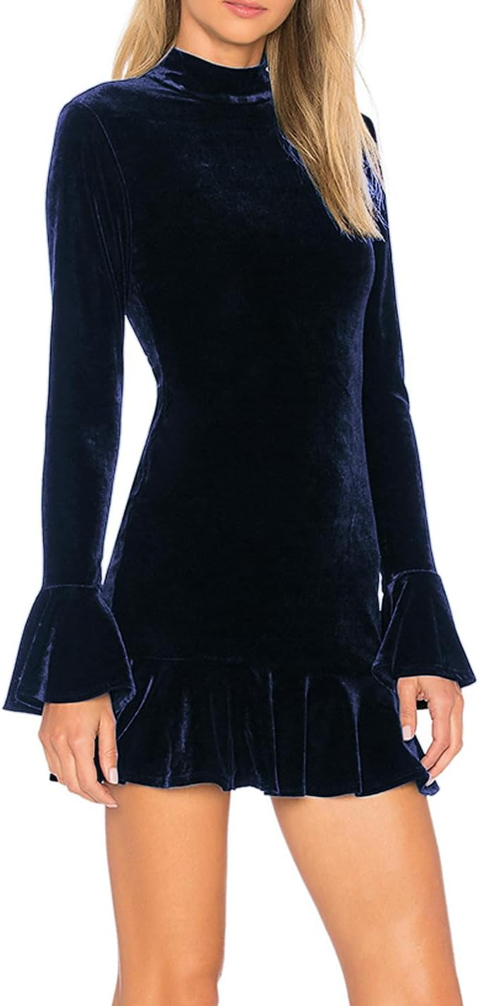 R.Vivimos Women's Winter Long Sleeve Velvet Ruffles Bodycon Mini Dress | Amazon (US)