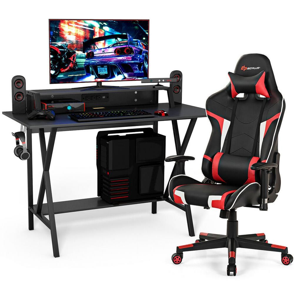 Costway 48 in. Gaming Computer Desk and Massage Gaming Chair Set with Monitor Shelf Power Strip Red | The Home Depot