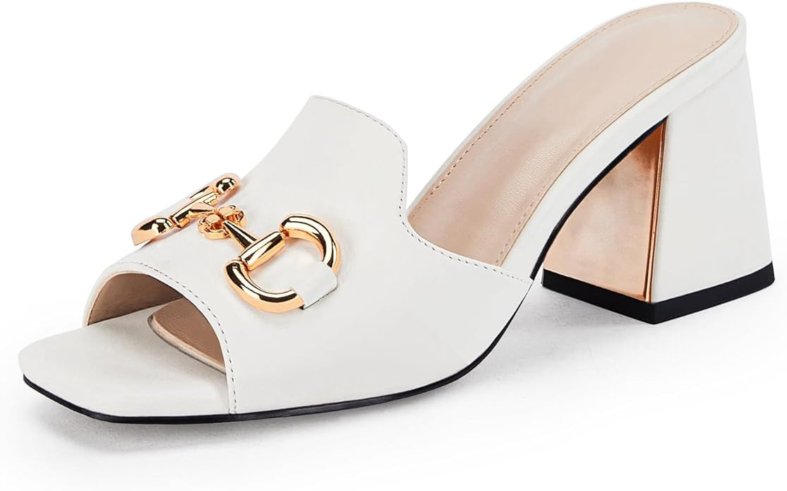 Women's Sandals, Chunky Heel Peep Toe Slides, Single Band Comfort Mules Slip-on with Metal Chain ... | Amazon (US)