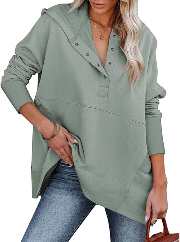 PAODIKUAI Women Casual Button Hoodies Oversized V Neck Long Sleeve Pullover Sweatshirt Hooded Top... | Amazon (US)