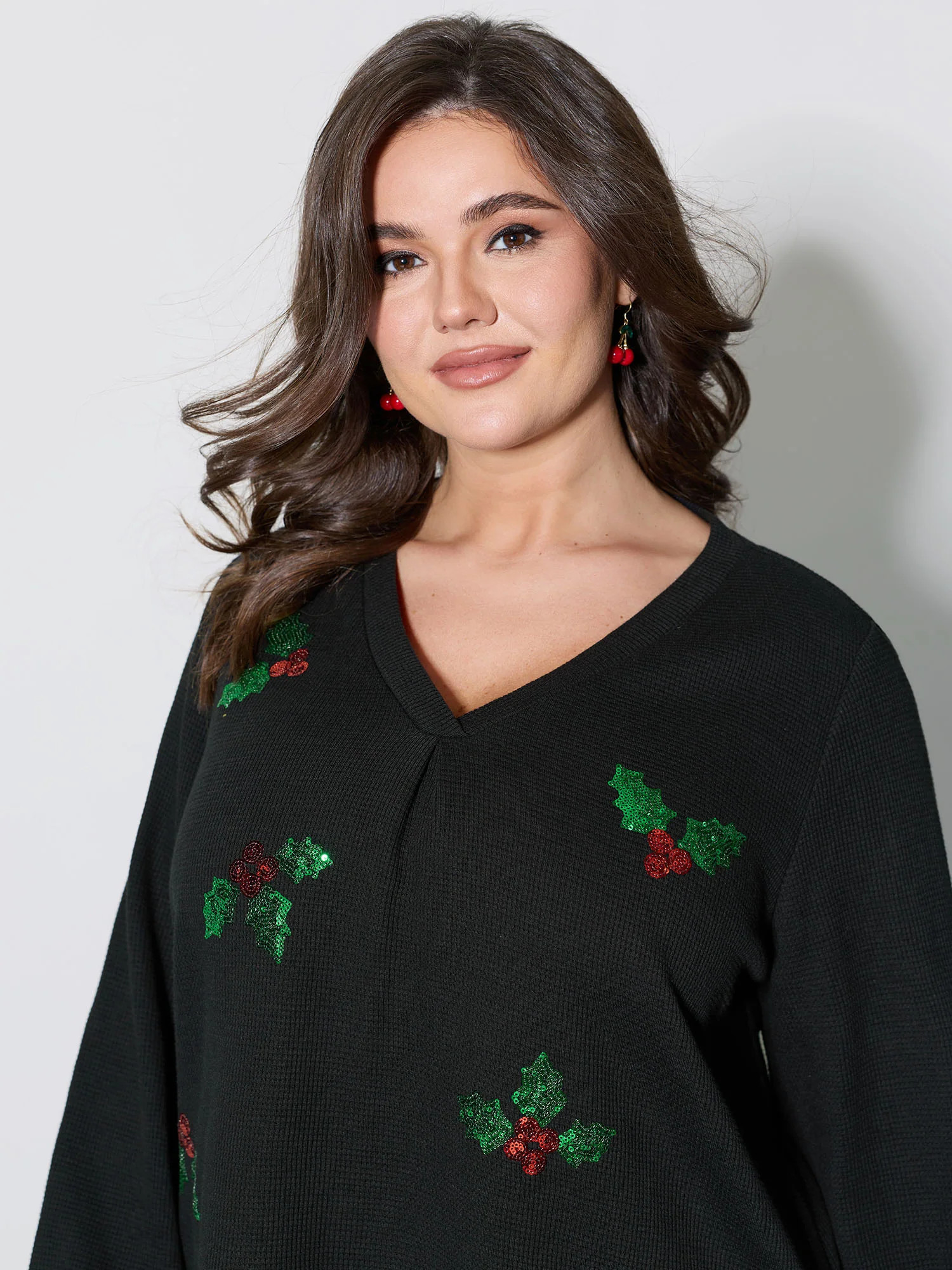 Holiday Elements Sequin Embroidery Textured Sweatshirt | Bloomchic