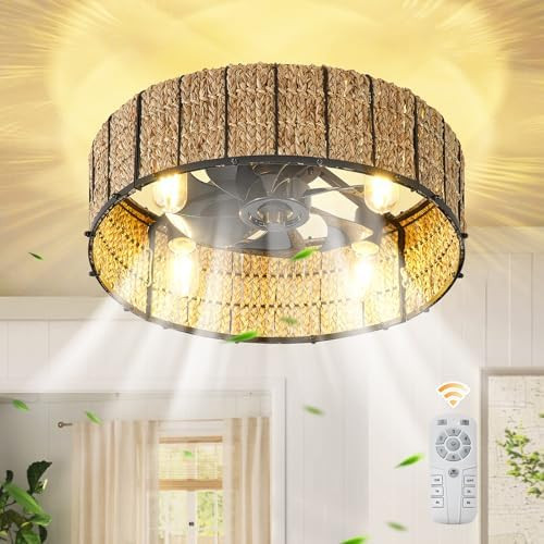 Ganeed 20" Boho Ceiling Fan with Light, Handwoven Rattan Caged Ceiling Fan with Light and Remote,... | Amazon (US)