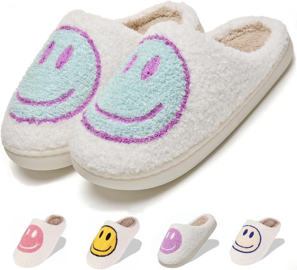 Fuzzy Slippers for Women Men, Cute Retro Fluffy Happy Face House Slippers, Plush Memory Foam Slip... | Amazon (US)