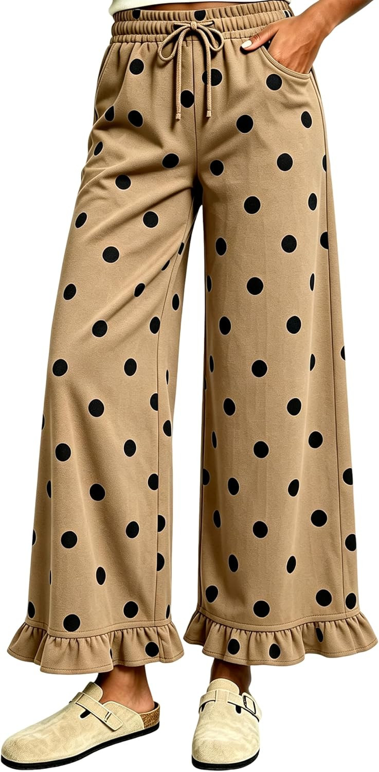 Tanming Women's Polka Dot Sweatpant Ruffle Hem Wide Leg Pant | Amazon (US)