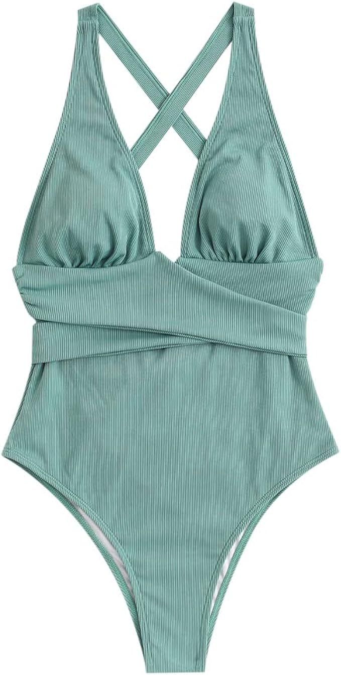 ZAFUL Women's Sexy Plunging Neck Solid Color One Piece Swimwear | Amazon (US)