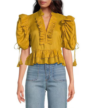 Woven Ruffle Split V-Neck Short Bubble Sleeve Cropped Flounce Blouse | Dillard's