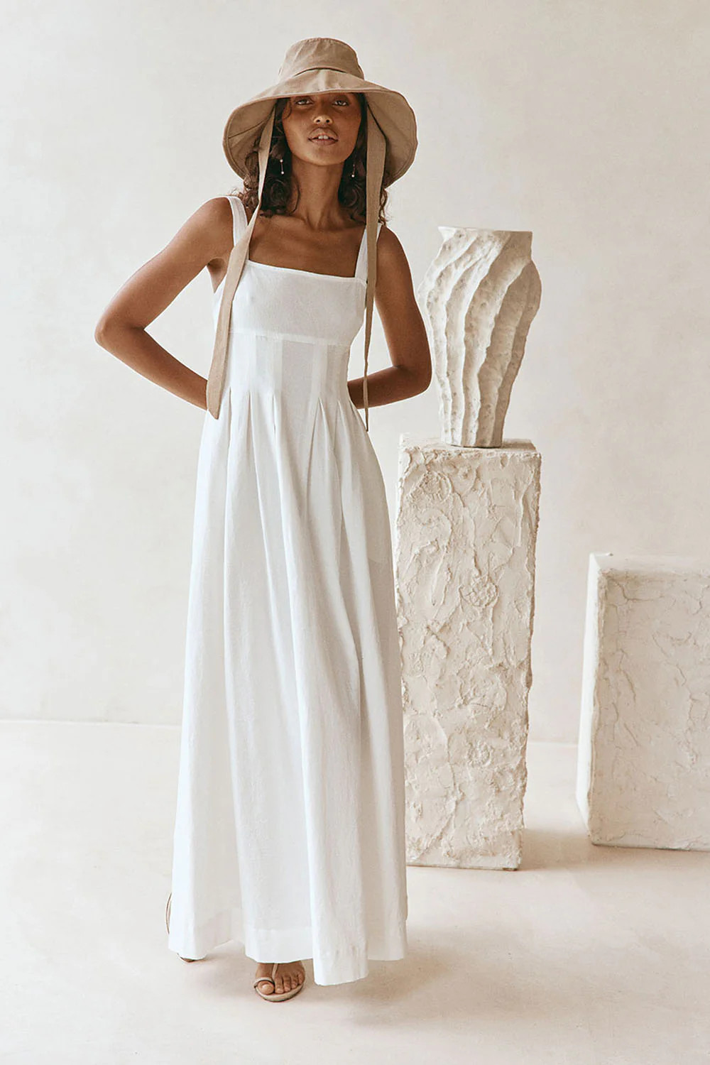 White Cotton Pintuck Maxi Flores Dress | Sabo Skirt US
