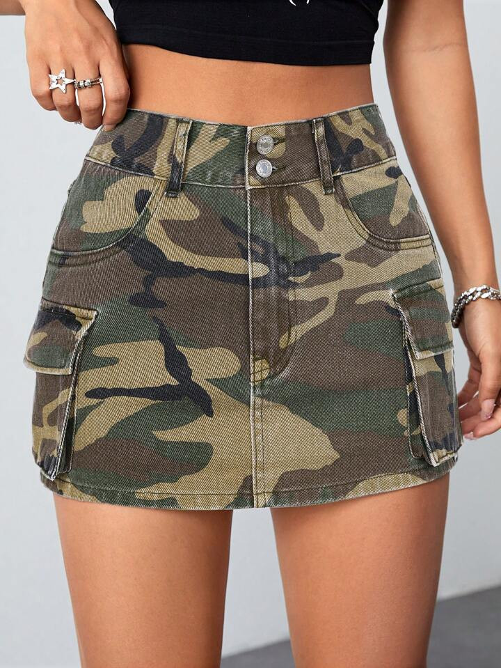 SHEIN ICON Summer Camouflage Utility Denim Skirt | SHEIN