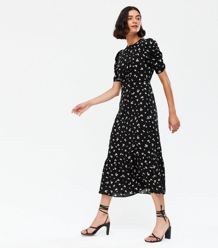 Black Ditsy Floral Ruched Puff Sleeve Tiered Midi Dress
						
						Add to Saved Items
						Rem... | New Look (UK)