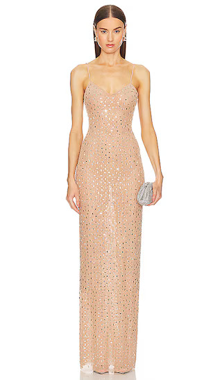 Rhinestone Mesh Maxi Dress in Gold | Revolve Clothing (Global)