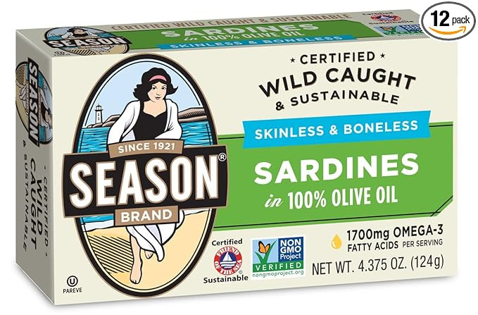 Season Sardines in Olive Oil – Skinless & Boneless, Wild Caught, 22g of Protein, Keto Snacks, M... | Amazon (US)