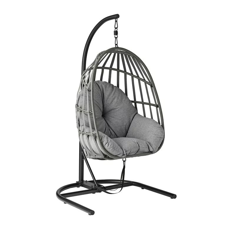 Mainstays Wicker Outdoor Patio Hanging Egg Chair with Olefin Cushion and Metal Stand, Gray | Walmart (US)