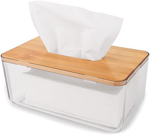 JYPS Dryer Sheet Dispenser Holder with Bamboo Lid, Clear Tissue Box Holder Rectangular, Plastic F... | Amazon (US)
