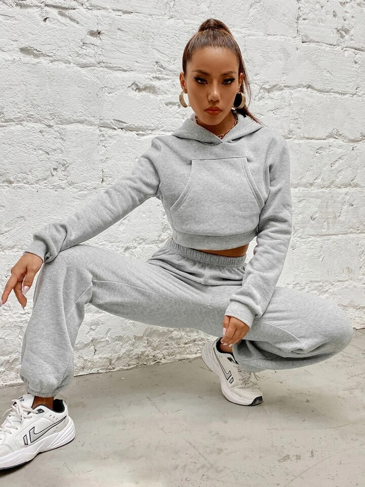 Kangaroo Pocket Thermal Lined Hoodie With Joggers | SHEIN