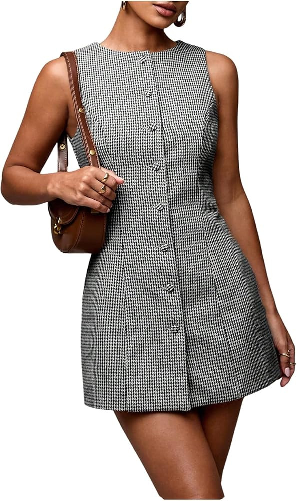 SOLY HUX Women's Plaid Button Down Dress Crew Neck Sleeveless Tie Back Work Office Mini Dresses | Amazon (US)