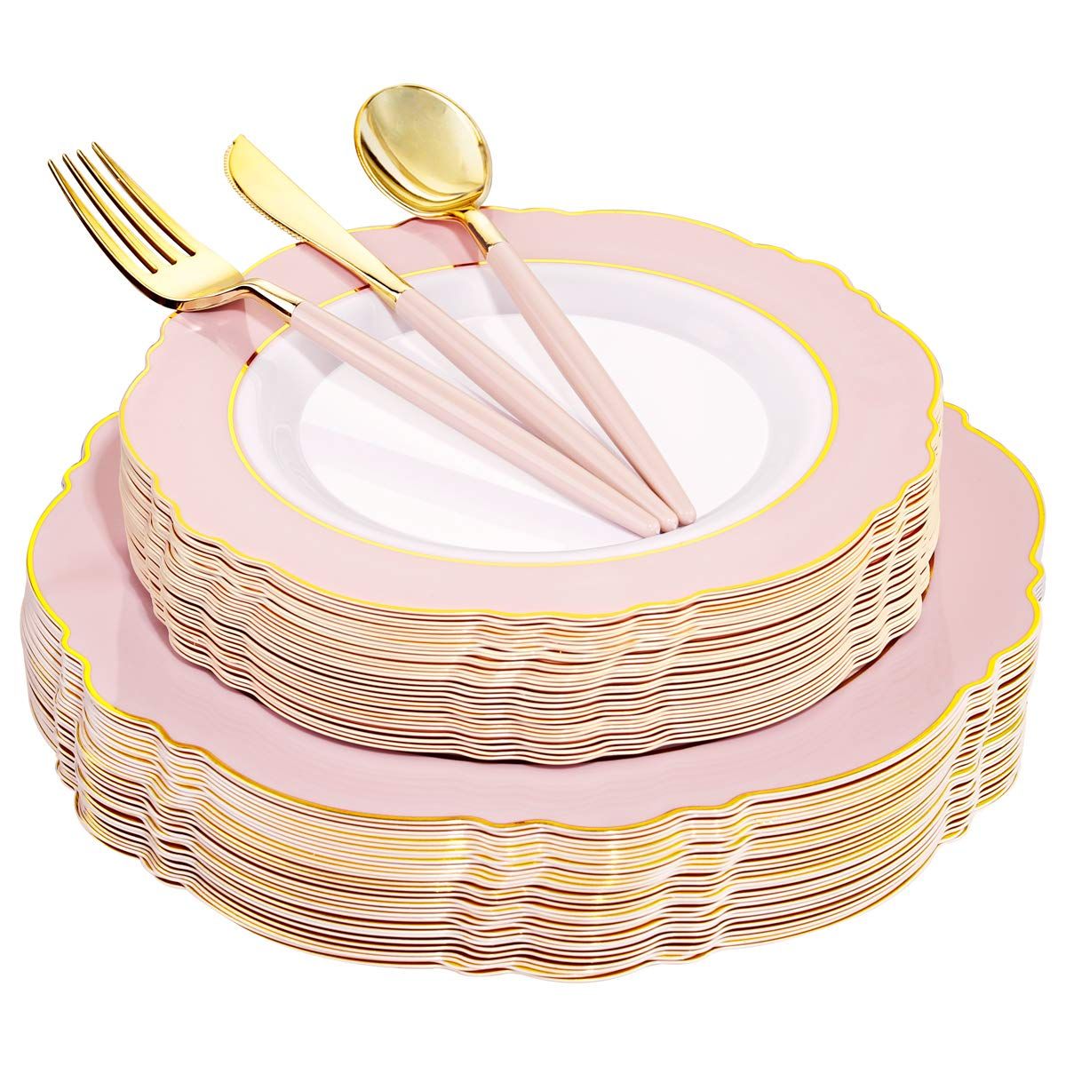 WDF 30Guest Pink Plastic Plates & Gold Plastic Silverware With Pink Handle-Baroque Pink &Gold Plasti | Amazon (US)