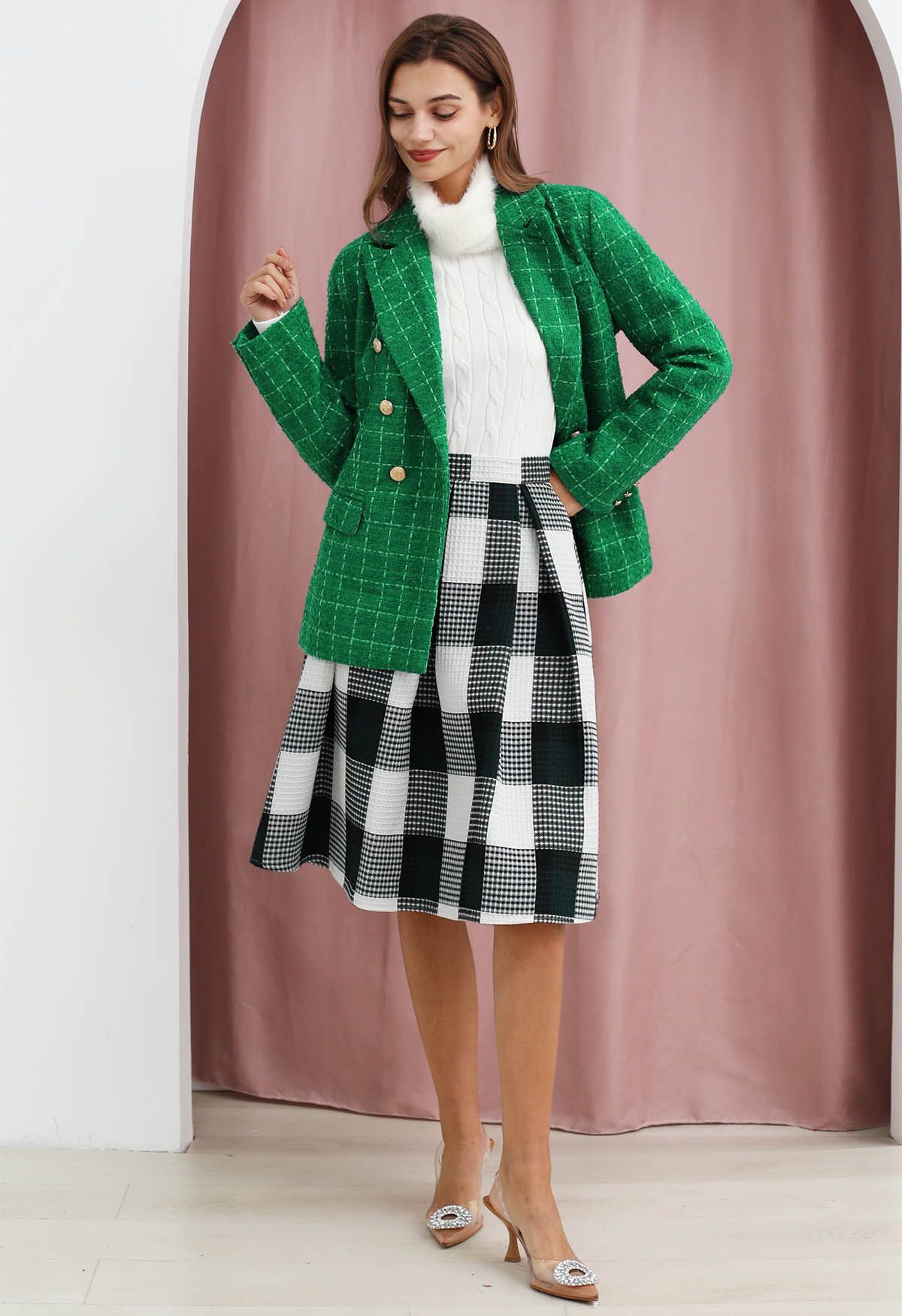 Check Tweed Double-Breasted Blazer in Green | Chicwish