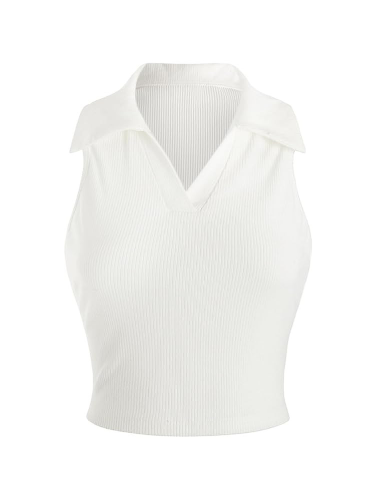 Verdusa Women's Casual Collared V Neck Sleeveless Solid Fitted Tank Tops | Amazon (US)