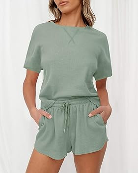 Women's Waffle Knit Pajama Set Short Sleeve Top and Shorts Loungewear Athletic Tracksuits with Po... | Amazon (US)