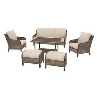 Hampton Bay Windsor 6-Piece Brown Wicker Outdoor Patio Conversation Seating Set with CushionGuard... | The Home Depot