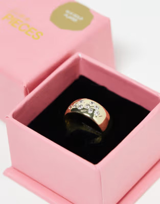 Pieces plated gift boxed chunky ring with scattered diamantes in gold | ASOS (Global)