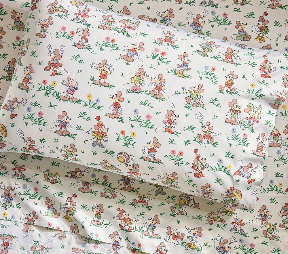 Disney Home x Sanderson Mickey And Minnie Mouse Garden Organic Sheet Set , Twin , Multi | Pottery Barn Kids
