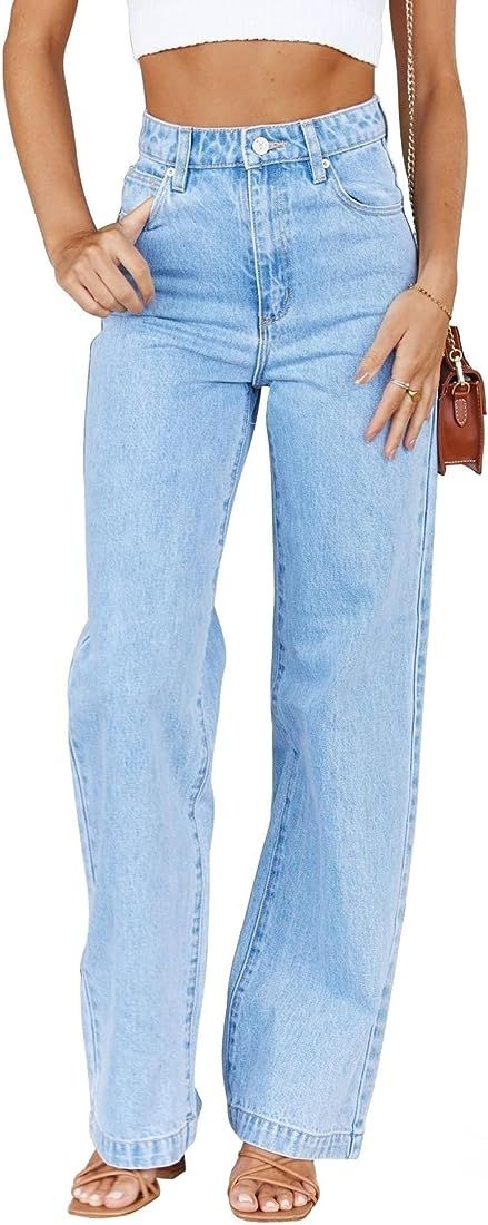 ETTELO Womens Jeans Mid Waisted Straight Leg Loose Stretchy Lightweight Tummy Control Trendy Jean... | Amazon (US)