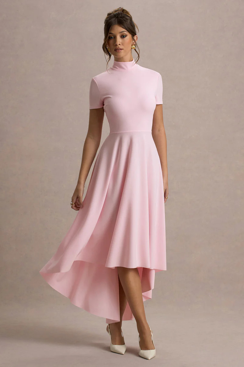 Bellona  Pink High-Neck High-Low Midi Dress | Club L London
