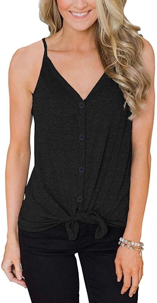 IVVIC Button Down V Neck Tank Tops for Women Casual Summer Sleeveless Basic Shirts Tie Front Stra... | Amazon (US)