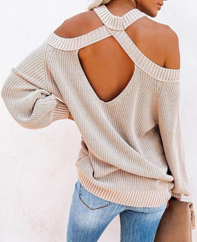 Womens Off Shoulder Sweaters Halter Cutout Back Loose Puff Long Sleeve Knit Pullover Jumper Tops | Amazon (US)